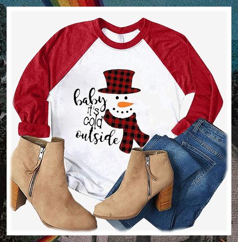 Outside Christmas Snowman Graphic Raglan Snowman Shirts, Snowman Graphic, Graphic Print Shirt, Loose Pullover, Ladies Tee Shirts, Cold Outside, Baby Cold, Christmas Tees, Shirts For Women