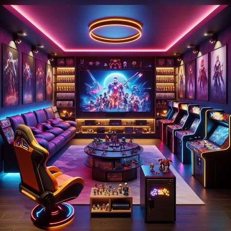 Step into a retro-futuristic gaming room; neon-lit, adorned with game memorabilia, equipped with top-notch consoles, surround sound, and a perfect gaming chair. Don't forget the well-stocked mini-fridge!

#GamingRoom #GamerLife #RetroGames #GameCollectibles #UltimateSetup #GameNight Music Themed Bedroom, Game Room Ideas, Games Room Inspiration, Nightlife Club, Gaming Lounge, Man Cave Design, Man Cave Furniture, Gaming Desk Setup, Arcade Room