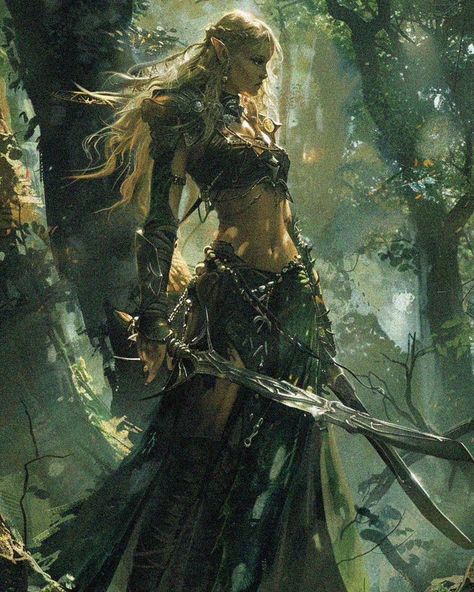 Dark fantasy elven scout im the forest. #dnd #dungeonsanddragons #fantasy #darkfantasy #retro #art #si #aiart #midjourney #frankfrazetta #female #elves Summer Eladrin Dnd, Forest Character Design, Wood Elf Female, Female Elf Warrior, Elves Aesthetic, Dnd Forest, Mystical Characters, Elven Art, Woodland Elves