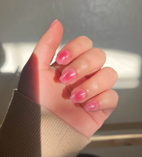 Pink Blush Nails Short, Blush Nails With Stars, Twinkle Nails Acrylic, Blush Short Nails, Blush Gel Nails, Blushed Nails, Pink Star Nails, Claws Nails, Really Short Nails