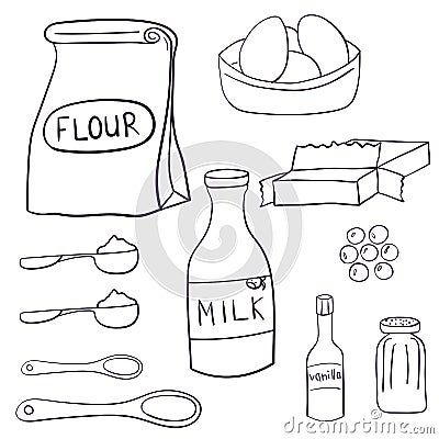 Milk Drawing, Cookie Vector, Desserts Cake, Dessert Ingredients, Drawing Set, Cake Chocolate, Cute Easy Drawings, Vector Hand, Cookies Ingredients