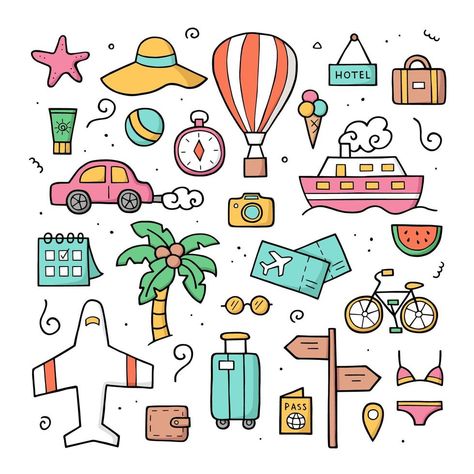 Hand drawn doodle set of travel elements in color. Sketch style. Vector illustration. Croquis Illustration, Travel Elements, Travel Doodles, Travel Clipart, Travel Drawing, Doodle Coloring, Sketch Style, Doodle Illustration, Handmade Christmas Decorations