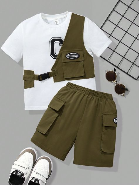 Young Boy 2pcs/Set Casual And Comfortable Workwear Style Short Sleeve Top With Side Vest And Shorts Army Green Casual    Letter  Slight Stretch  Young Boys Clothing, size features are:Bust: ,Length: ,Sleeve Length: Styles For Boys Outfits, Casual Clothes For Boys, Boys Fashion Style, Kids Boys Fashion, Boys Clothing Styles, Children Wears, Comfortable Workwear, Men Fashion Shoes, Stylish Boy Clothes