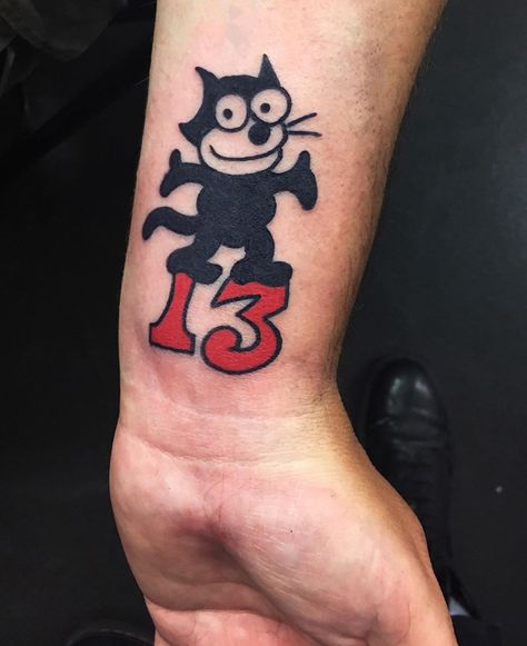 Ink done today Friday 13th July 2018! Sailor Jerry Felix the Cat 13 tattoo, done by Dean @ Low Tide Tattoos, Southend, Essex!! #sailorjerrytattoos #felixthecat #friday13th #southend #lowtidetattoos Felix The Cat Tattoo, Friday 13th Tattoo, 13 Tattoo, Sailor Jerry Tattoos, 13 Tattoos, Friday 13th, Felix The Cat, Tattoo Cat, Sailor Jerry