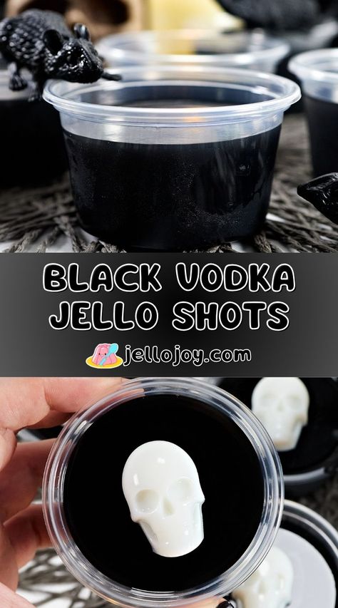 Black Jello Shots are best vodka jello shots to bring that spooky vibe to your Halloween party! A yummy and easy to make boozy treats for adults, or you can make them non-alcoholic for the to kids enjoy too! | jellojoy.com Halloween Jello Shots Alcohol Parties, Best Tasting Jello Shots, Beetlejuice Halloween Party Food, White Jello Shots, Black Cherry Jello Shots, Halloween Jell-o Shots, Black Jello Shots, Spooky Jello Shots, Halloween Jello Shots Alcohol