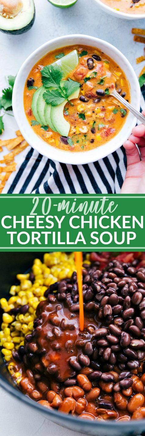 20 MINUTE cheesy and creamy chicken tortilla soup. EVERYONE goes crazy over this simple soup! via chelseasmessyapron.com #comfortfood #soup #chicken #cheesy #tortilla #dinner #lunch #cheesy #creamy #easy #quick #20minute Cheesy Chicken Tortilla Soup, Cheesy Tortilla, Best Chicken Tortilla Soup, Tortilla Soup Easy, Creamy Chicken Tortilla Soup, Chicken Tortilla Soup Easy, Simple Soup, Chicken Tortillas Soups Recipe, Easy Slow Cooker Chicken