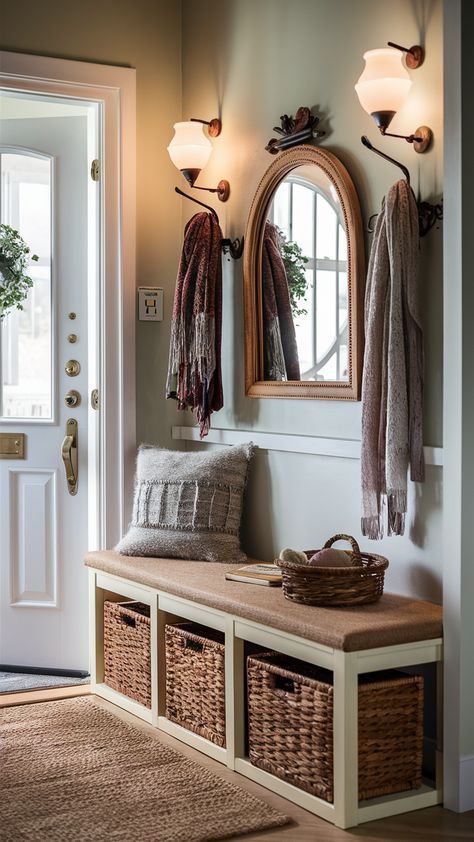 Elevate your entryway with this chic IKEA-style hallway bench! Strategically placed by the door, it combines functionality and style, offering a perfect spot to sit and remove shoes. Underneath, woven baskets provide organized storage for bags and shoes, while a decorative mirror above adds a touch of elegance. A coat rack adorned with colorful scarves brings personality and warmth. Soft ambient lighting welcomes guests into your home, creating an inviting atmosphere. Discover how to transform your entryway into a stylish and organized space! Click to explore more ideas! #EntrywayDecor #IKEAStyle #HomeOrganization #InteriorDesign #HallwayBench #CozyHome #StorageSolutions Traditional Style Entryway, Hallway Bench And Coat Rack, Entryway Shoe Rack Ideas, Shoe Bench Entryway Decor, Entry Way With Mirror And Bench, Gossip Bench Entryway, Mirror Above Bench Entryway, Mirror With Hooks Entryway, Coat Rack Ideas Entry Way