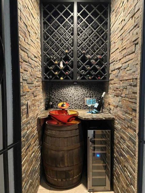 Diy Wine Cellar Wall, Turn Closet Into Wine Cellar, Closet To Wine Cellar, Rustic Wine Cellar Ideas, Diy Wine Cellar Closet, Wine Closet Ideas Small Spaces, Wine Making Room, Small Wine Room, Wine Cellar Under Stairs