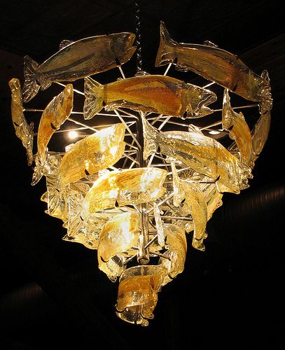 Wes would LOVE this light! Maybe cool for a man-cave :) Fish Chandelier, Salmon Swimming, Fish Lamp, Pretty Fish, King Salmon, Restaurant Ideas, Fishing Hook, Tiny Cabin, Fishing Theme