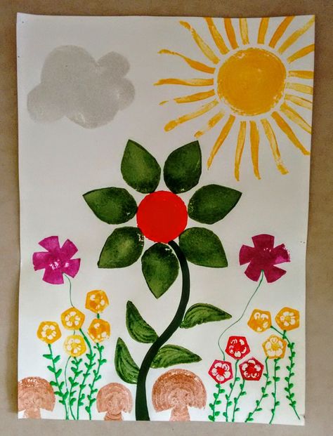 Vegetable painting Vegetable Painting Ideas For Kids, Vegetable Stamping Art, Vegetable Printing Art For Kids, Vegetable Painting For Kids, Vegetable Printing, Vegetable Crafts, Vegetable Print, Summer Arts And Crafts, Vegetable Painting