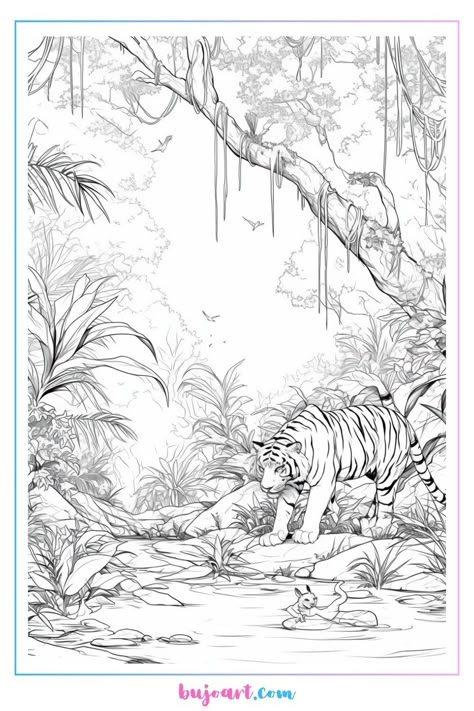 Animal Scenery Drawing, How To Draw Jungle, Jungle Sketch, Jungle Scene Drawing, Zoo Sketch, Jungle Colouring Pages, Animals In Jungle Drawing, Tiger In Jungle Drawing, Jungle Drawing