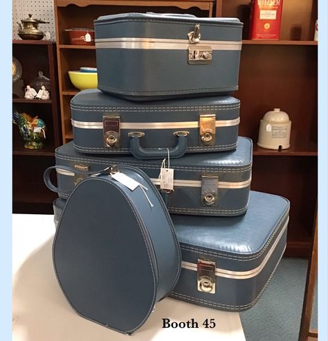 Fabulous Vintage 1960’s Blue Suitcase Set Tower. Fabulous Mid Century Luggage Collection, Set of 6 Retro Suitcases with Chrome Trim for Display or travel. Lists for $125.00 for the set. Booth 45 at the KC Brass Armadillo. 11/23 😀 Vintage Suitcase Aesthetic, Suitcase Aesthetic, Blue Suitcase, Brass Items, Suitcase Set, Vintage Suitcase, Luggage Sets, Suitcases, Kansas City