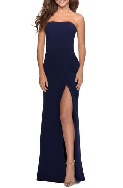 LA FEMME STRAPLESS DOUBLE CROSS BACK GOWN. #lafemme #cloth Jersey Evening Dress, Jersey Prom Dress, Straight Across Neckline, Strapless Prom Dress, Slinky Dress, Prom Dress Stores, Prom Dress Styles, Prom Style, Designer Prom Dresses