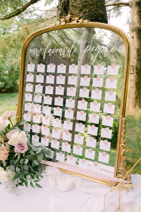 Large vintage gold mirror seating chart with blush wax seals and caligraphy place cards. Mirror Seating Chart, Vintage Gold Mirror, Red Bicycle, Cambridge Ontario, Niagara Wedding, Wedding Mirror, Menu Designs, Wedding Day Photos, Orchard Wedding