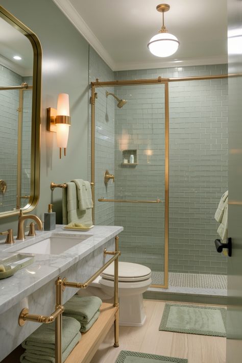 Bathroom with green subway tile, gold fixtures, and a marble countertop. Sage Green Master Bath, Sage Green And Gold Bathroom, Green Shower Room, Gold And Green Bathroom, Beige And Green Bathroom, Green And Gold Bathroom, Sage Green Bathroom Ideas, Green And Gold Decor, Gold Decor Ideas