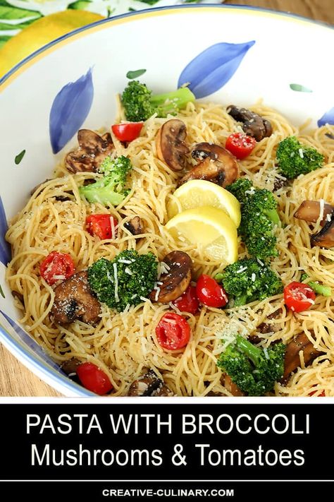 Fresh and filled with garden flavors, this Pasta with Broccoli, Mushrooms, Tomatoes and Parmesan Cheese is one of our favorites! Broccoli Spaghetti, Lidia's Recipes, Broccoli Lemon, Pasta With Broccoli, Fresh Tomato Pasta, Mushroom Broccoli, Tomato Pasta Recipe, Pasta With Peas, Mushroom Recipes Pasta