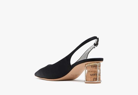 Invited to a swanky soirée? These silky satin pumps are the footwear of choice finished with head-turning champagne cork heels. | Kate Spade Soiree Slingback Pumps, Black - 9 Kate Spade Heels, Cork Shoes, Champagne Corks, Cork Heels, Satin Pumps, Slingback Pump, Black 7, Cork, Turning