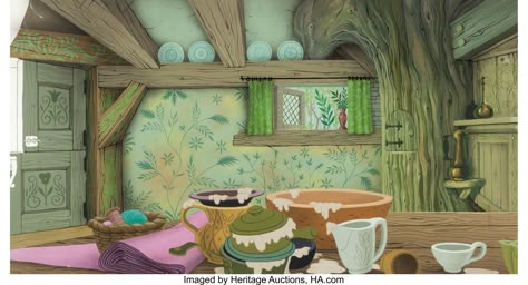 Sleeping Beauty Cottage Interior Pan Preliminary Background (Walt Disney, 1959). Sleeping Beauty Home Decor, Sleeping Beauty Cottage Interior, Cinderella Interior Design, Fairytalecore Aesthetic, Sleeping Beauty House, Anki Backgrounds, Sleeping Beauty Room, Sleeping Beauty Background, Disney Cottage