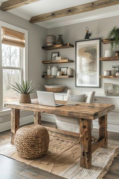 Office Rustic Decor, Farm Desk Office, Home Office Ideas Modern Farmhouse, Rustic Office Color Scheme, Farm Office Ideas, White Farmhouse Office, Cabin Office Interior, Spanish Style Office, Farmhouse Office Decor Work Spaces