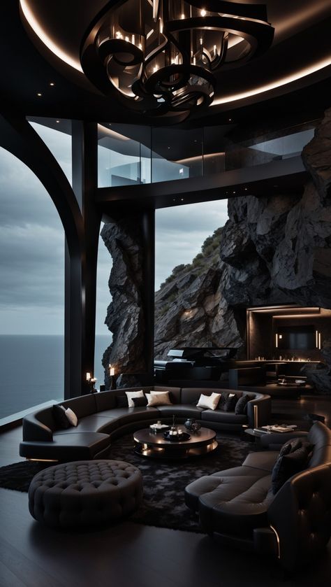 Dark luxury house on a cliff Black Luxury House, Dark Modern House, Simple Bed Designs, Dark Modern, Dark House, Dark Home Decor, Dark Home, Dream House Rooms, Dark Interiors