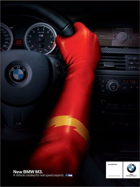 Alyssa R. Spring 2020 "Even a Superhero Drives One" Ad created by Creative Director Marco Gioe. The DC Comic Superhero The Flash is behind the wheel of a BMW vehicle. This is a clever way to show the car is fast considering the Flash is known for speed Guerrilla Marketing, Clever Advertising, Bg Design, 광고 디자인, Publicidad Creativa, Great Ads, Guerilla Marketing, Best Ads, Advertising Ads