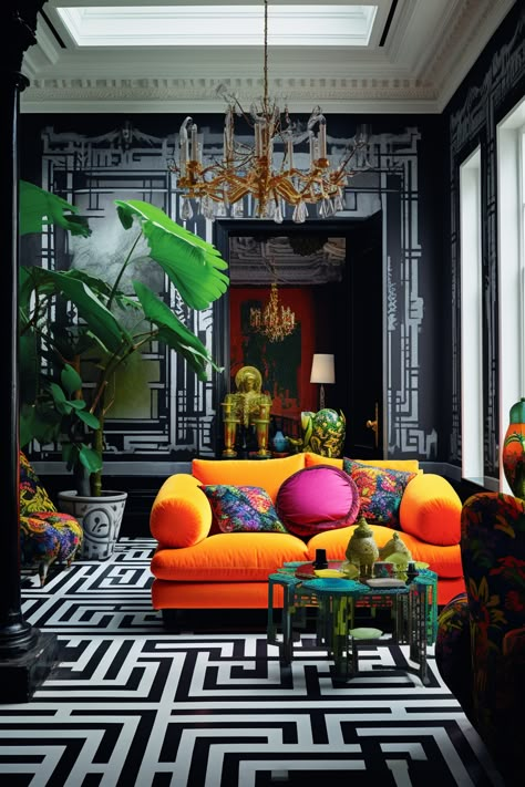 Maximalist Black And White, Eclectic Black And White Decor, Moody Room White Walls, Black And White Interior With Color Pop, Black And White Maximalist Living Room, Black Maximalist Living Room, Black And White Maximalist Decor, Black And White Apartment With Pops Of Color, Maximalist Decor Black And White