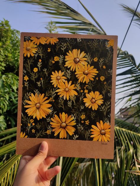 Small Yellow Flowers Painting, Flower Gauche Painting, Yellow Flowers Acrylic Painting, Gouche Flower Painting, Acrylic Painting Journal, Gouche Painting Flowers, Floral Gouache Painting, Mini Floral Paintings, A4 Canvas Painting Ideas