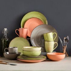 This stoneware dinnerware set is elegant and practical, offering tasteful and high-quality stoneware table services in a pure style that goes with any ambiance. Color: Jardin | Millwood Pines Neal 16 Piece Dinnerware Set, Service For 4 Ceramic/Earthenware/Stoneware in Green | Wayfair Unique Dinnerware, Stoneware Dinner Sets, Dining Room Style, Stoneware Dinnerware Sets, Stoneware Dinnerware, Dinner Service, Rustic Colors, Hot Meals, Dinner Sets