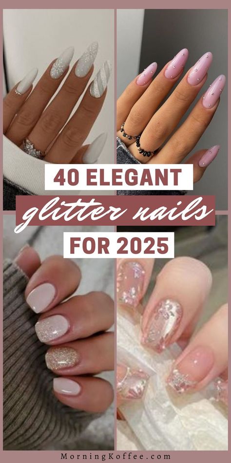 Dive into the sparkle of the season with these 40 glitter nail trends that will elevate your fall-winter glam game. glitter nail designs, new year;s eve nails, glam glitter nail ideas. Short Nails For New Years Eve, Nye Nails Short Almond, Almond Shaped Sparkly Nails, Glitter Around Nails, Simple Silver Glitter Nails, Minimalist Sparkle Nails, New Year Short Nails Design, All Sparkle Nails, Neutral Nails New Years