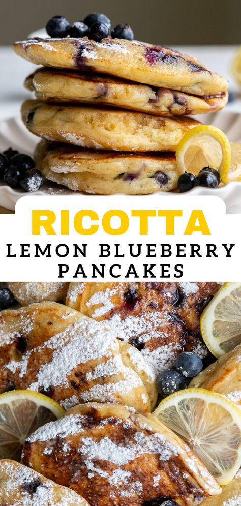 Lemon Blueberry Brunch, Healthy Lemon Pancakes, Lemon Pancakes With Blueberry Sauce, Blueberry Ricotta Recipes, Lemon Blueberry Goat Cheese Pancakes, Lemon Brunch Recipes, Lemon Blueberry Pancakes Recipe, Speciality Pancakes, Lemon Pancakes Recipe