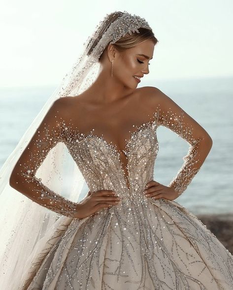 Sadek Majed, Elegant Wedding Dress Ballgown, Train Skirt, Wedding Dress Long Sleeves, Women Wedding Dress, Glitter Wedding Dress, Sleeved Wedding, Sheer Wedding Dress, Sparkle Wedding Dress