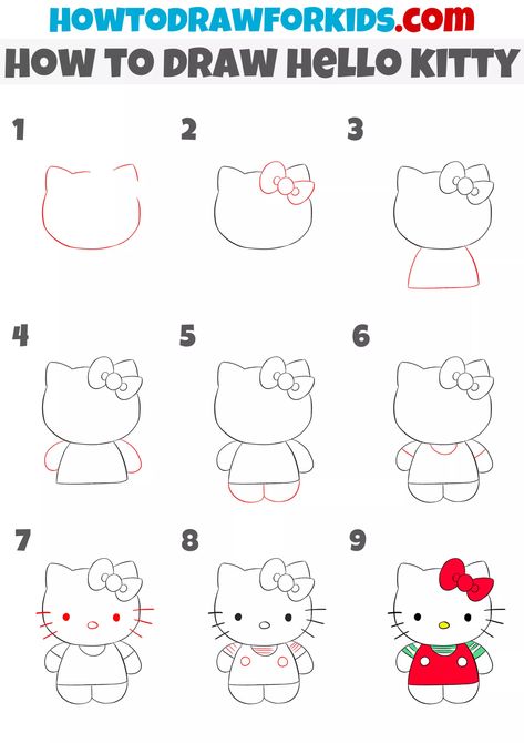 Hello Kitty Drawing Easy Step By Step, How To Draw Hello Kitty Step By Step, How To Draw Sanrio Characters, Hello Kitty And Friends Drawing, How To Draw Hello Kitty, Hello Kitty Painting Canvases, Cute Hello Kitty Drawing, Hello Kitty Tutorial, Hello Kitty Drawing Easy