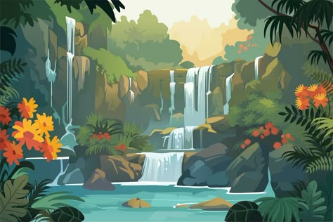 Background Waterfall Waterfall Concept Art, Waterfall Environment, Illustrated Animation, Nature Background Illustration, Waterfall Illustration, Waterfall Poster, Waterfall Drawing, Waterfall Background, Dinosaur Plant