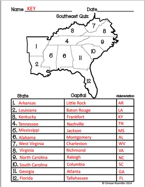 Learning State Capitals, Southeast States And Capitals Worksheet, State Capitals Worksheet Free Printable, State Capitals Quiz, Usa Geography, 3rd Grade Homeschool, Learning States, States Capitals, First Grade Curriculum