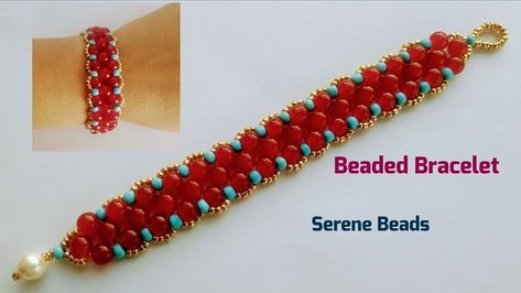 Beaded bracelet made with 4mm glass beads, 6 mm beads Beaded Bracelet Diy, Making Bracelets With Beads, Diy Videos Tutorials, Right Angle Weave, Diy Videos, Red Glass, Blue Beads, Diy Bracelets, Rope Bracelet