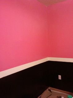 kylies room in progress the pink is (TINK PINK DC2C-50-3A) at home depot part of the disney pink collection with BEHR also the black is the disney collection Pink And Black Walls Bedroom, How To Paint Your Room, Black And Pink Girls Room, Pink And Black Walls, Pink And Black Room, Black And Pink Room, Purple Wall Paint, Black Laminate Flooring, Pink And Black Bathroom