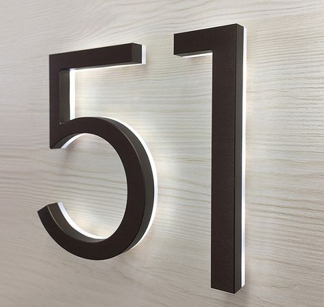 Modern Neutra 8 Bronze Backlit Numbers Luxello Bronze House Numbers, Illuminated Signage Design, Neoclassical Garden, Backlit House Numbers, Number Signage, Entry Exterior, Canyon House, Backlit Signage, Signage Light