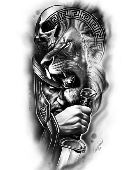 Lion Gladiator Tattoo Design, Gladiator And Lion Tattoo, Lion And Gladiator Tattoo Design, Gladiator Lion Tattoo, Lion Spartan Tattoo, Lion Warrior Tattoo, Lion Skull Tattoo, Spartan Warrior Tattoo, Compass Tattoos Arm