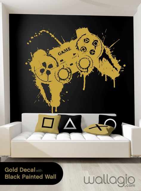 Video Game Wall Decal Gamer Controller Wall Decal Splat - Etsy Aesthetic Wall Painting, Playstation Room, Gamer Room Design, Yellow Painted Walls, Video Game Wall, Gamer Controller, Black Painted Walls, Gaming Bedroom, Gamer Bedroom