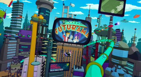 "The visually retro-futuristic world of Futurama is not a utopia but neither is it a dystopia. Unlike past cartoons like The Jetsons, which showed an efficient, clean, happy future, Futurama portrays a less idealistic view, with humans still dealing with many of the same basic problems of the 20th century" Futurama Robot, Futurama Characters, Robot Cartoon, City Decor, Matt Groening, The Jetsons, Princess Bubblegum, Cartoon Network Adventure Time, Adventure Time Art