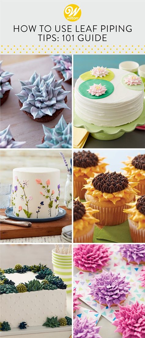 If you think a leaf tip is only for piping leaves and floral sprays, think again! While it’s traditionally used to accent flowers with leaves, it is also used to pipe petals, succulents, borders, trailing cascades, vines, and unique designs that can cover an entire cake. Simple Piped Flowers On Cake, Piping Leaves, Classy Cupcakes, Wilton Piping Tips, Traditional Christmas Dessert Recipes, Cake Pucks, Cookie Decorating Tips, Sheet Cake Designs, Flowers With Leaves