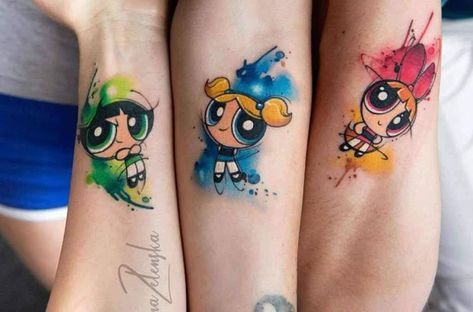 Character Tattoos For Women, Ppg Tattoo, Small Cartoon Tattoo Ideas, Cartoon Tattoos Sleeve, Bubbles Powerpuff Tattoo, Buttercup Powerpuff Tattoo, Power Puff Girls Tattoo, 90s Cartoon Tattoos Ideas, Cartoon Network Tattoo Ideas