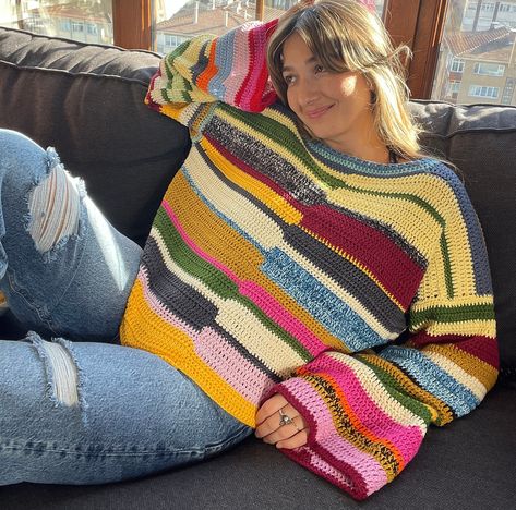 * Crochet Colorful Striped Patchwork Sweater * Processing time 1-2 weeks  * The model is wearing a medium 60 kg, 1.65 length * %100 Cotton yarns * Completely Hand-knitted  * It is recommended to wash at 30 degrees or just hand wash with cold water. * After we ship your product, we give you a tag number. This number is updated within the first 24 hours. Then you can follow the updates by clicking on them. Welcome to Bhava's 🌻 Here you will find tops, skirts, shirts, dresses, cardigans, and many Colorful Crochet Sweater Pattern, Colorfull Sweater, Summer Crochet Sweater, Crochet Patchwork Sweater, Striped Crochet Sweater, Crochet Sweatshirt, Gender Neutral Fashion, Crochet Colorful, Sweater Handmade