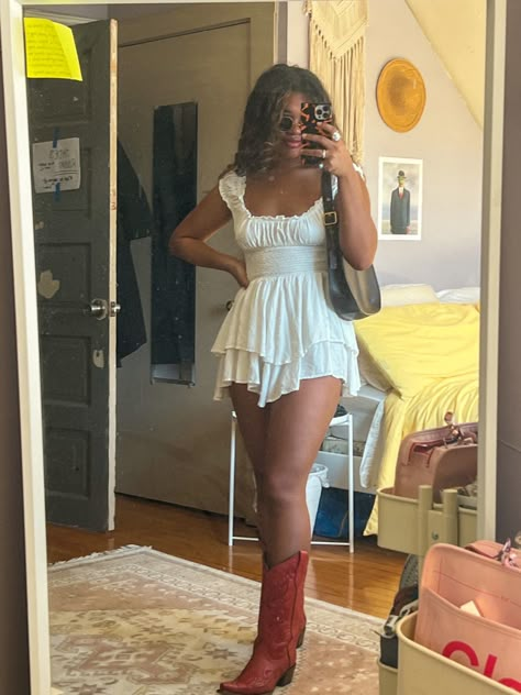 Rompers With Cowgirl Boots, Romper Cowboy Boots Outfit, Graceland Outfits, Romper With Cowgirl Boots, Romper And Cowboy Boots, Cow Boots Outfit, Oklahoma Outfits, Romper With Cowboy Boots, Cowboy Boots Concert Outfit