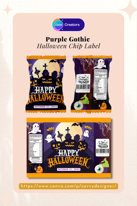 🎃🍬 Trick or treat in style this Halloween with our spook-tacular Chip Bag Label templates on Canva! 🍫👻 Transform your snacks into ghoulish delights with these fun and customizable designs. 🧛‍♂️🦇 Head to our creator profile now to grab your Halloween-themed labels and make your snacks the talk of the neighborhood! 🎉🕸️ #HalloweenTreats #SpookySnacks #CanvaTemplates #DIYHalloween Halloween Chip Bags, Spooky Snacks, Purple Gothic, Spiderman Birthday Party, Halloween Facts, Halloween Labels, Gothic Halloween, Spooky Designs, Spiderman Birthday