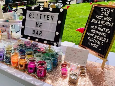 GlitterMe Bar - Entertainer - Toronto - Weddingwire.ca Glitter Station, Glitter Face Paint, Glitter Beards, Glitter Bar, Coachella Party, Birthday Bar, Candle Bar, Alice In Wonderland Birthday, Festival Theme