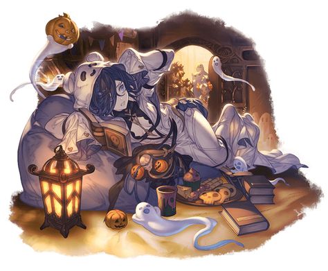 Halloween Lich Illustration - Granblue Fantasy Art Gallery Granblue Fantasy Art, Bags Under Eyes, Hair Over One Eye, Ghost Ghost, New Halloween Costumes, Ghost Costume, Cupcake Dress, Smile Teeth, Eyes Black