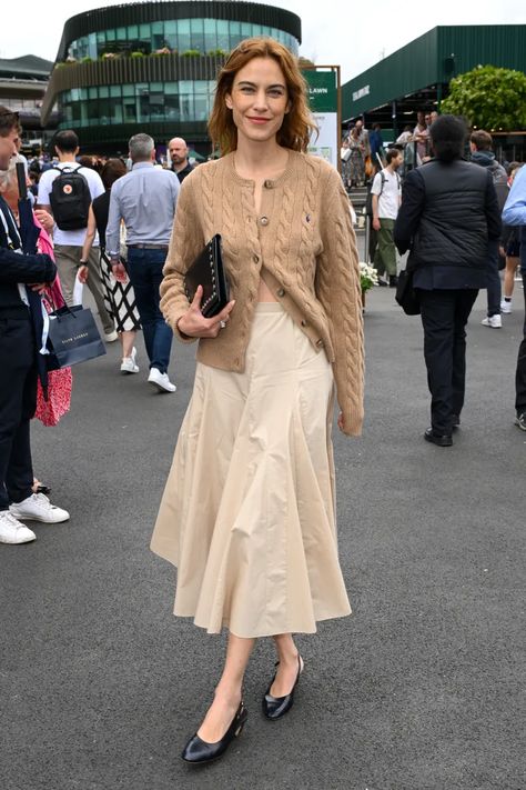 Alexa Chung Just Wore A Cotton Skirt With Elegant Slingbacks To Wimbledon 2024 | Who What Wear UK Alexa Chung Summer Style, Wimbledon Style, Wimbledon 2024, Celebrity Summer Style, Ayo Edebiri, Teacher Fits, Muddy Boots, Alexa Chung Style, Wimbledon Fashion