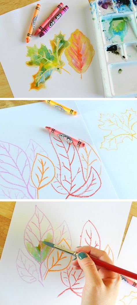 Crayon and Watercolor Leaves |  Lovely, could do with snowflakes, flowers, garden veggies, etc Drawing Eyes, Easy Fall Crafts, Fall Art, Homeschool Art, Fall Crafts Diy, Fall Crafts For Kids, Crafts For Kids To Make, Watercolor Leaves, Autumn Art