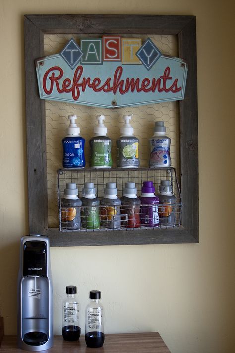 Soda Stream Station, Soda Station, Sodastream Syrup, Bar Cart Inspo, Coffee Bar Cart, Diet Cola, Soda Bar, Game Room Basement, Soda Stream